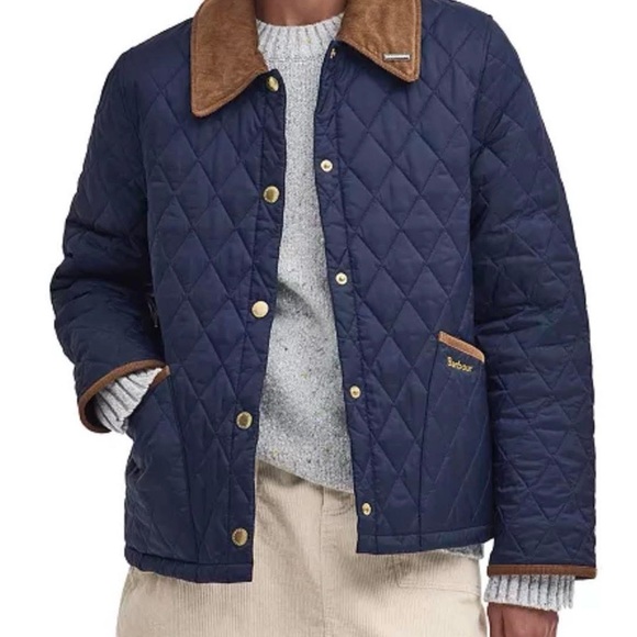Barbour Navy Quilted Liddesdale Jacket with Brown Accents Size 10 NWT
